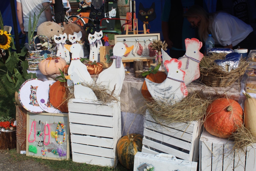 2.Drewniane kury na małych drewnianych skrzynkach stojące przed stoiskiem ŚDS w Gryfinie